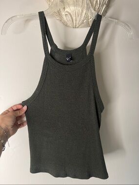 Ribbed High-Neck Tank Top - Olive Green
